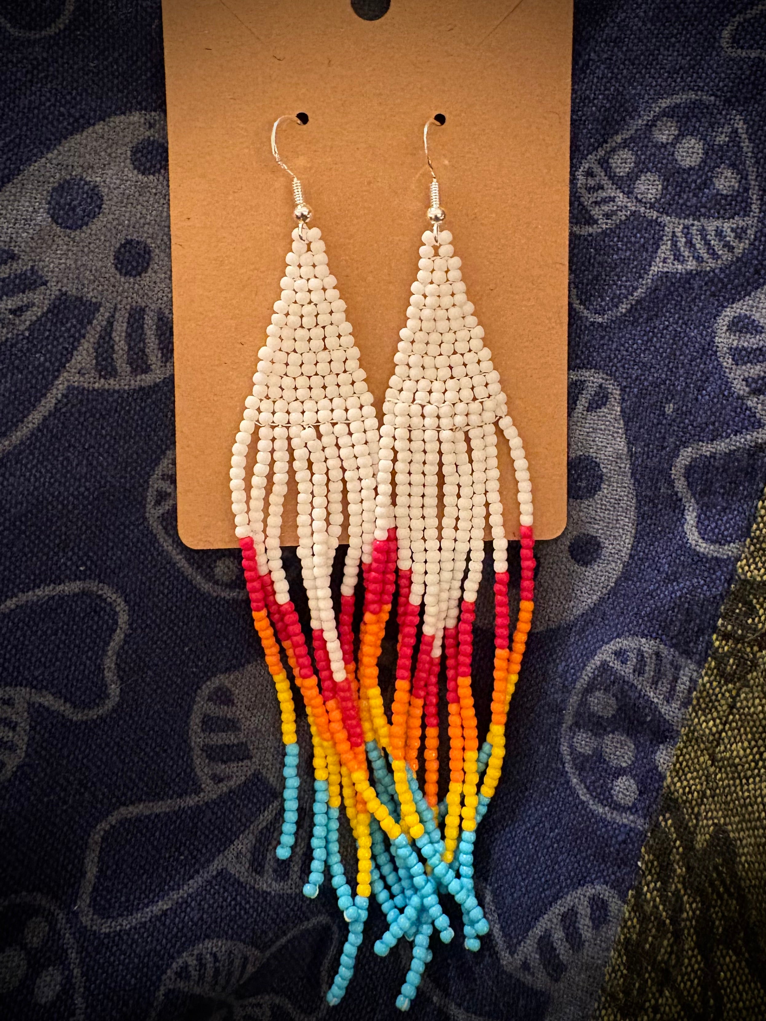 Beach Trip beaded fringe earrings on display card