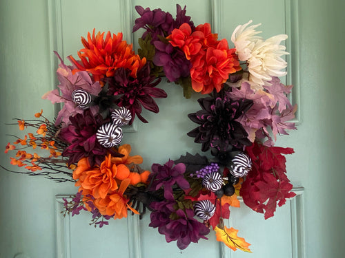 Custom large handmade wreath - Halloween purple and orange on door